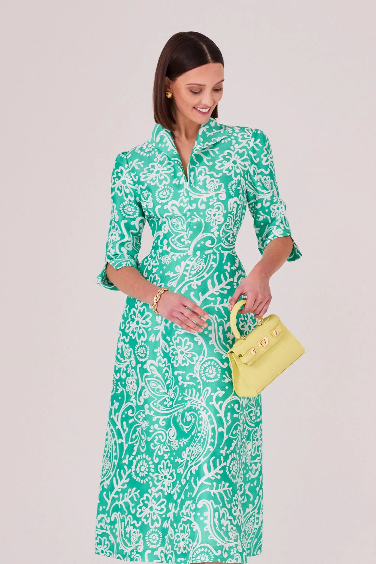 Calf Length. A-Line Dress in Emerald Green and White Printed Silk Shantung - Naomi
