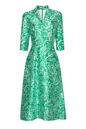 Calf Length. A-Line Dress in Emerald Green and White Printed Silk Shantung - Naomi
