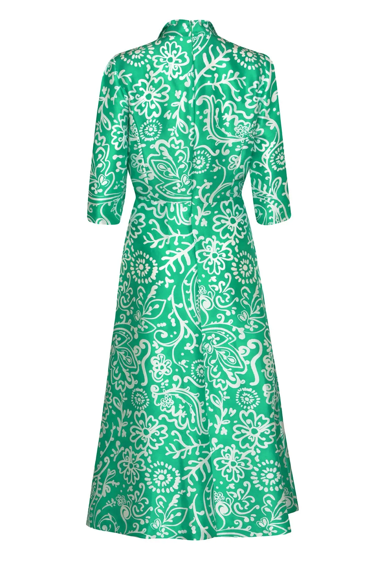 Calf Length. A-Line Dress in Emerald Green and White Printed Silk Shantung - Naomi