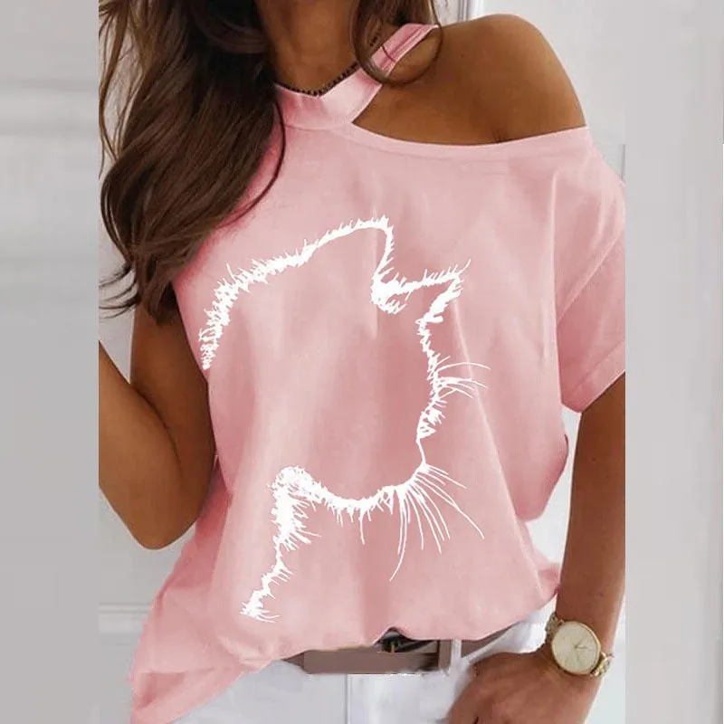 Cat Print Off Shoulder Short Sleeve Tee