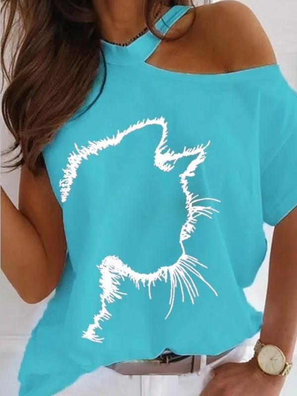 Cat Print Off Shoulder Short Sleeve Tee
