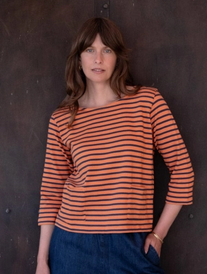 Classic Women's Cotton Sailor Striped T-Shirt | Coral & Indigo
