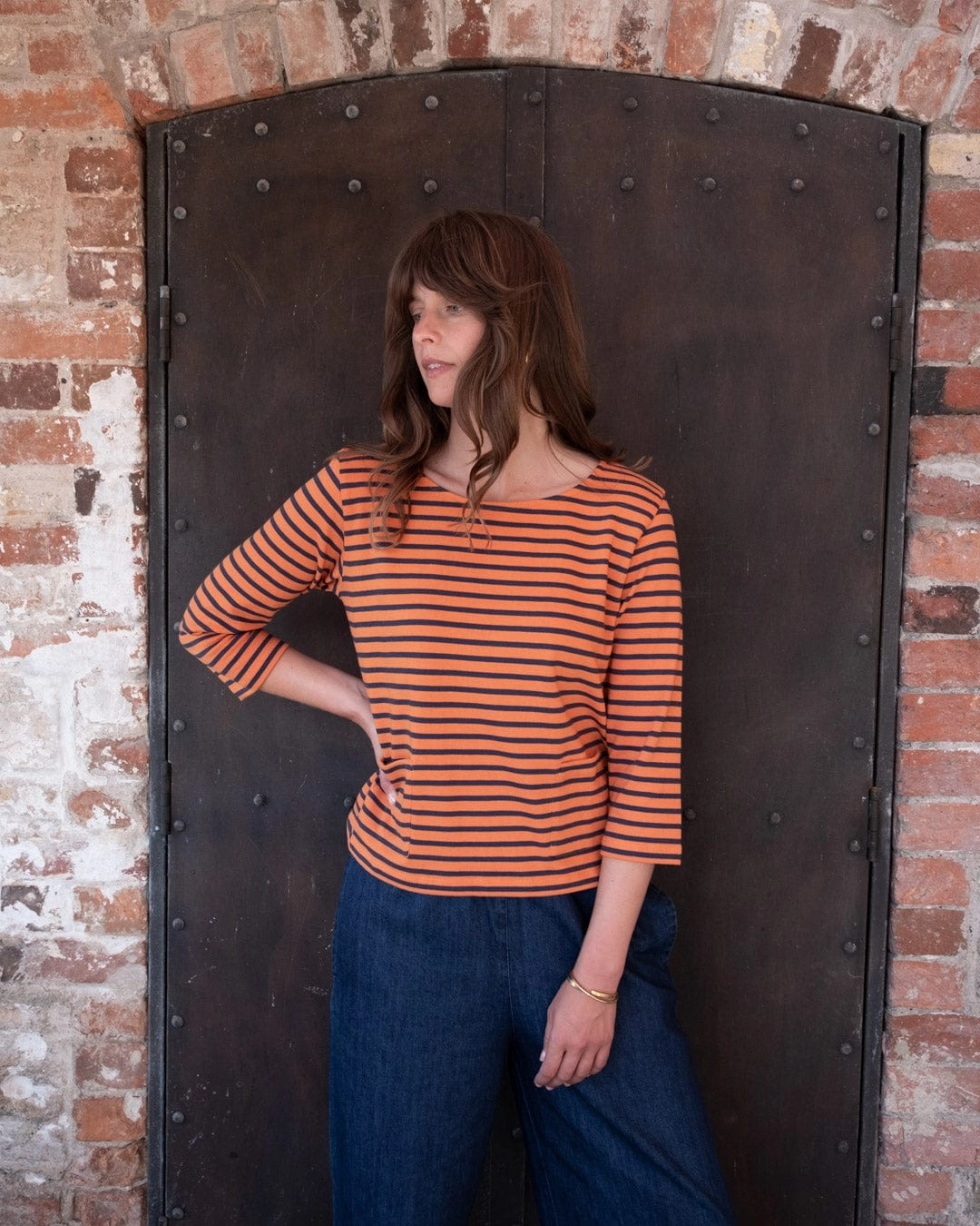 Classic Women's Cotton Sailor Striped T-Shirt | Coral & Indigo
