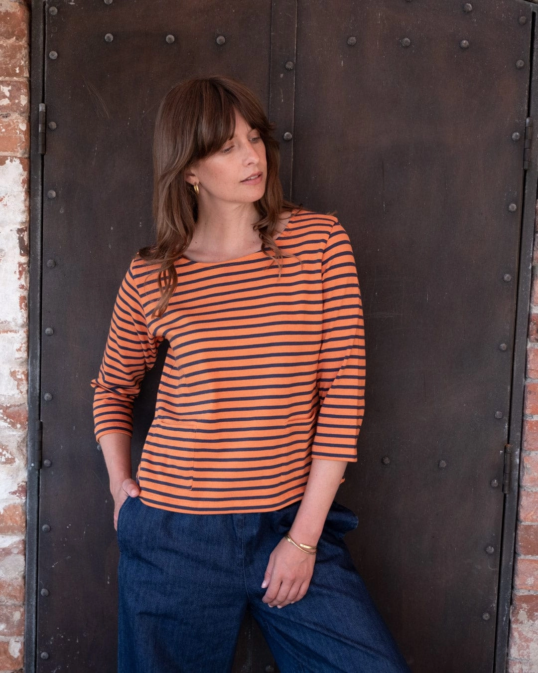 Classic Women's Cotton Sailor Striped T-Shirt | Coral & Indigo