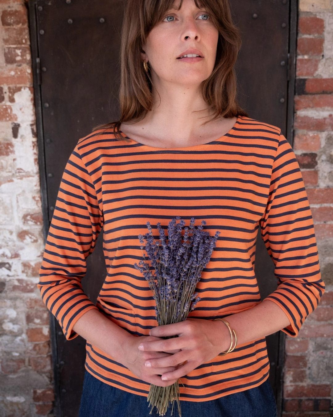 Classic Women's Cotton Sailor Striped T-Shirt | Coral & Indigo