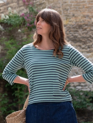Classic Women's Cotton Sailor Striped T-Shirt | Duck Egg & Indigo