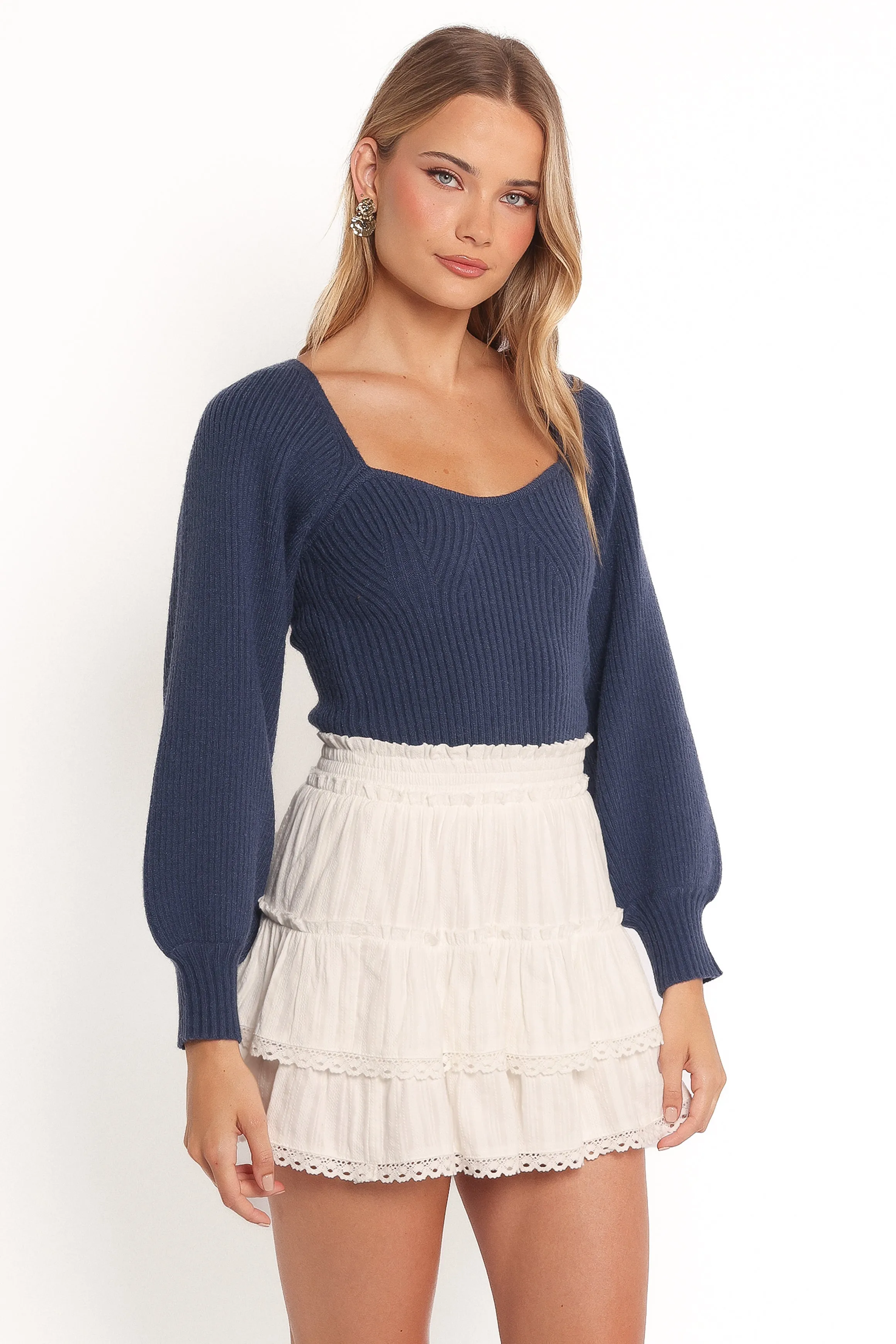 Gia Sweetheart Neck Bell Sleeve Knit Sweater - Navy