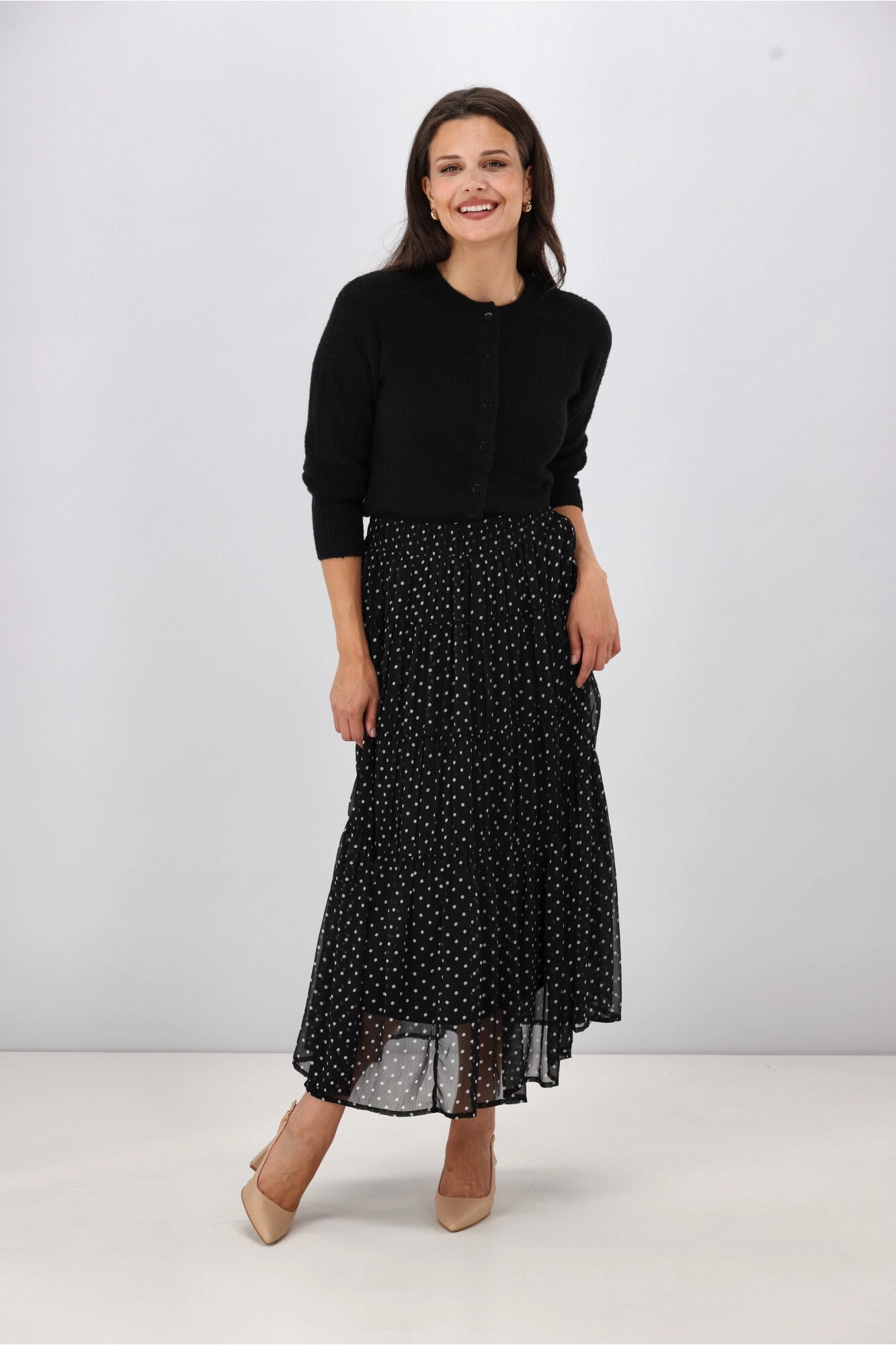 Gloss the Label Marlowe Shirred Detail Skirt Black Polka Dot