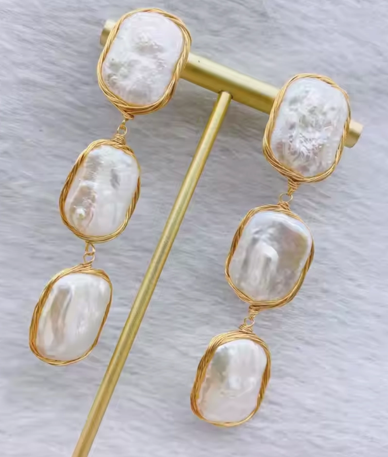 Hand Knit Natural Baroque Pearl Long Drop Earrings