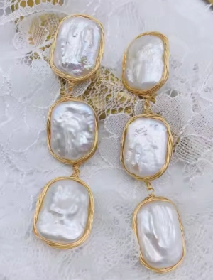 Hand Knit Natural Baroque Pearl Long Drop Earrings