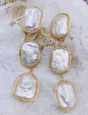 Hand Knit Natural Baroque Pearl Long Drop Earrings