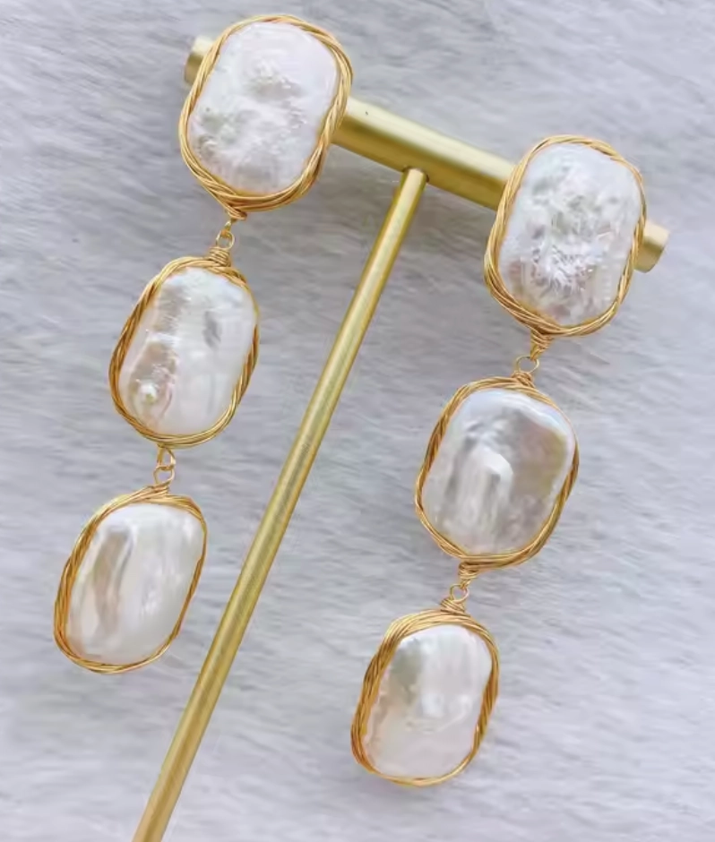 Hand Knit Natural Baroque Pearl Long Drop Earrings