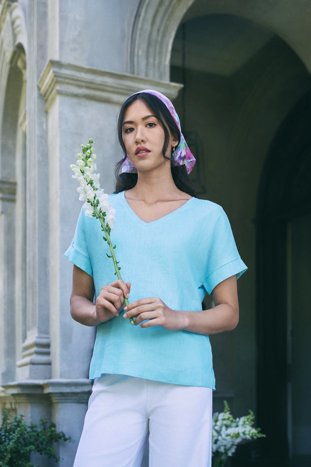 Linen Mix V-Neck Top - Blue Lake