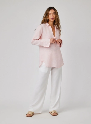 Linen Tie Neck Tunic - Pastel Pink