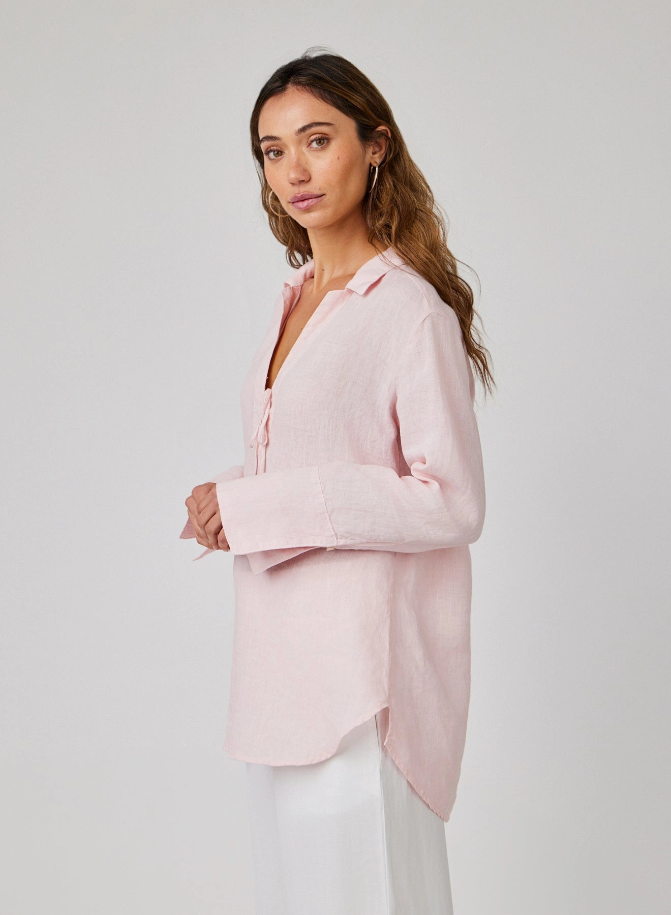 Linen Tie Neck Tunic - Pastel Pink