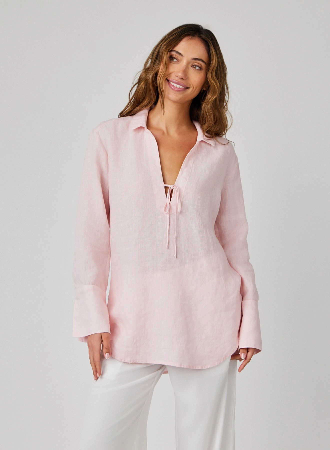 Linen Tie Neck Tunic - Pastel Pink