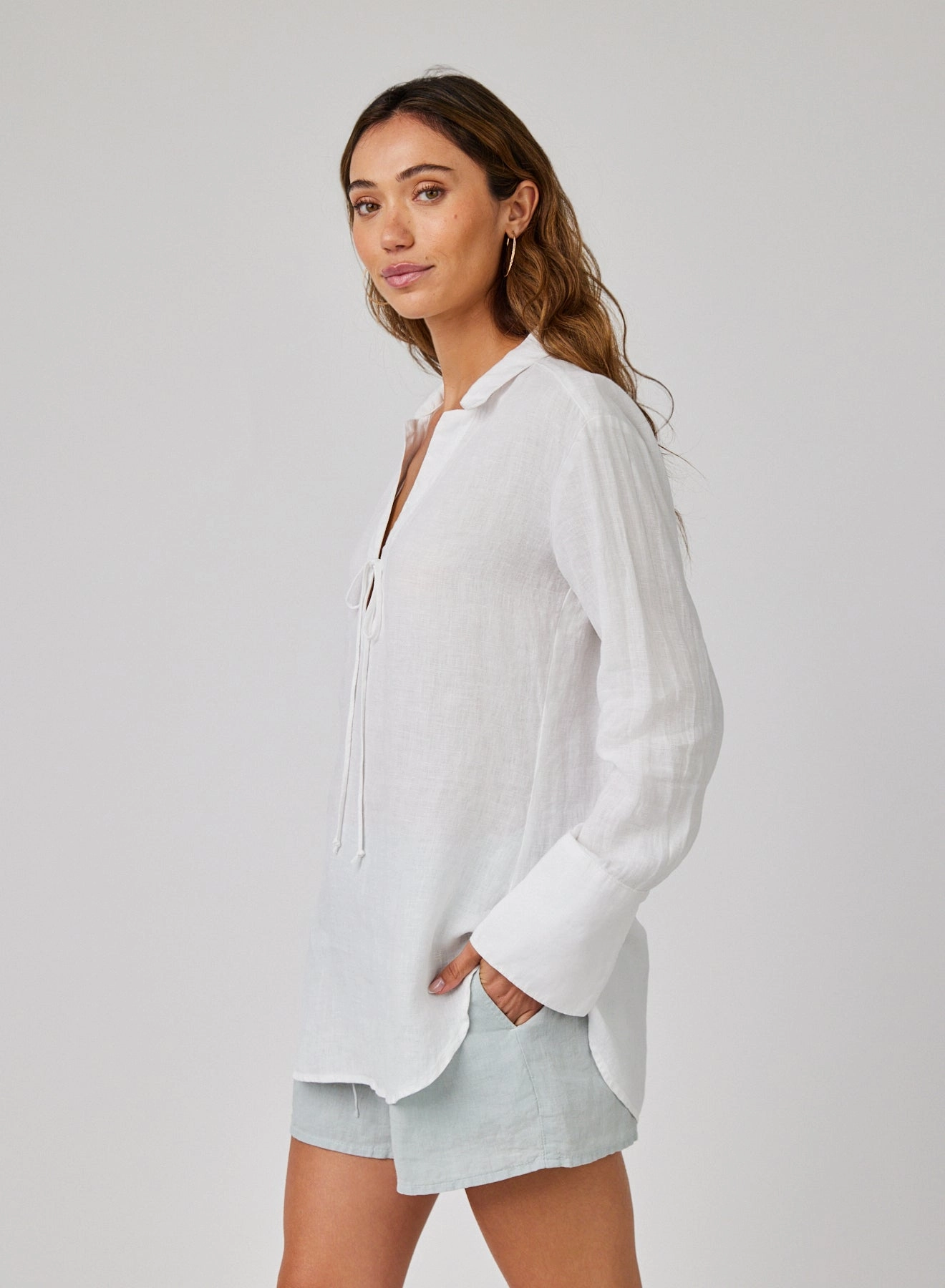 Linen Tie Neck Tunic - White