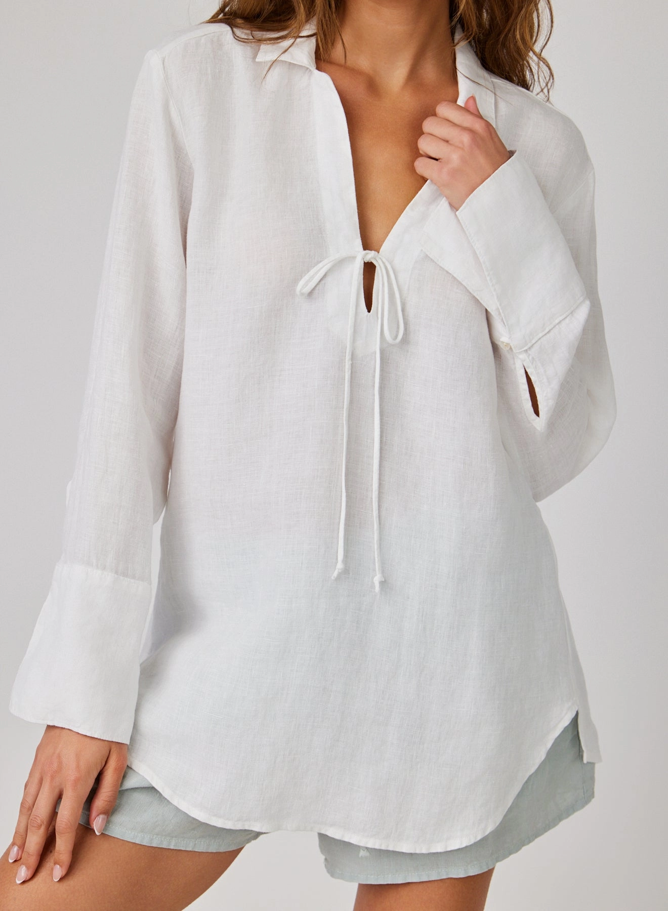 Linen Tie Neck Tunic - White