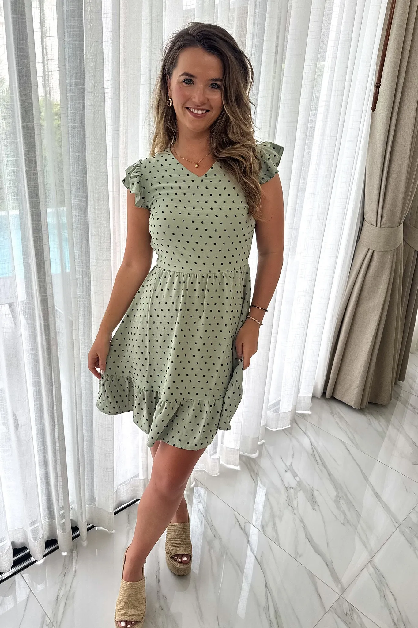 Neya Short Green Black Polka Dot Dress
