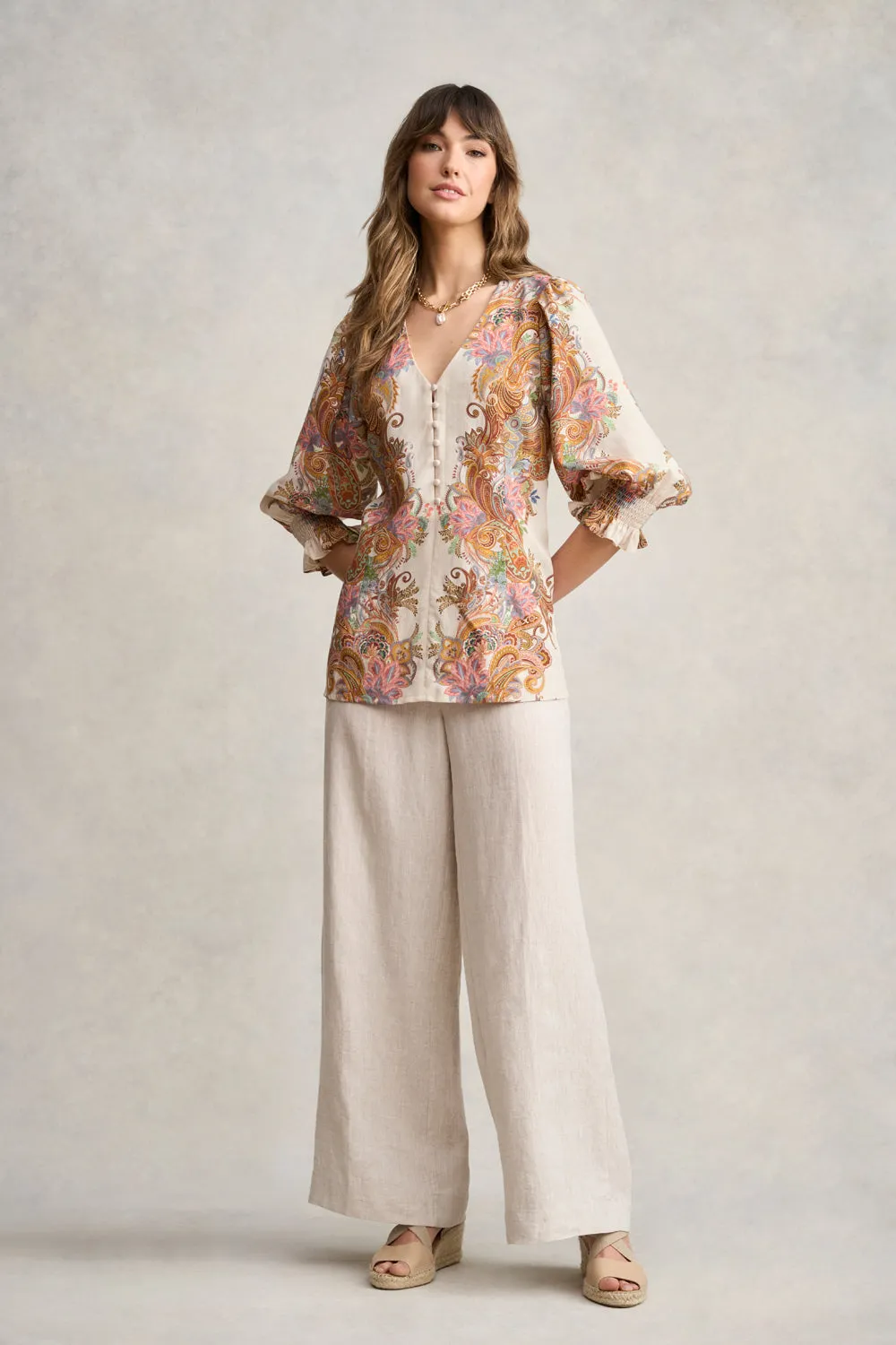 Paisley Border Print Blouse - Cream Paisley Border