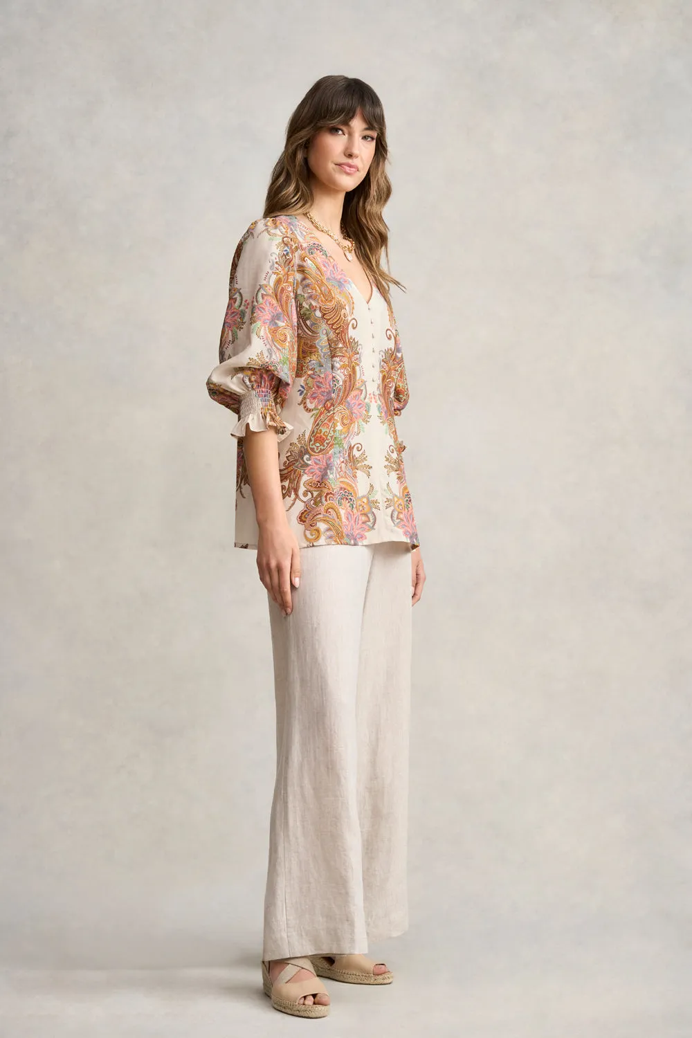 Paisley Border Print Blouse - Cream Paisley Border