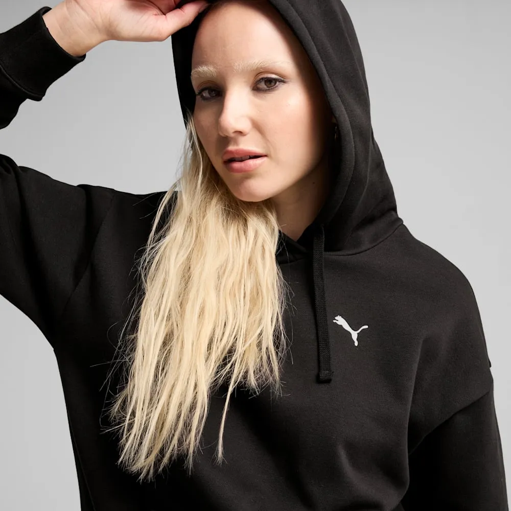 PUMA WOMEN'S ESSENTIALS SMALL LOGO RELAXED FLEECE BLACK HOODIE