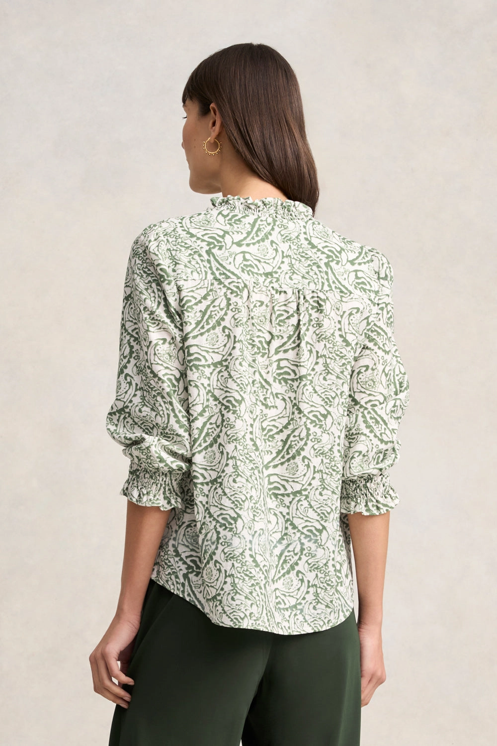Ruffle Cotton Top - Khaki & White Paisley