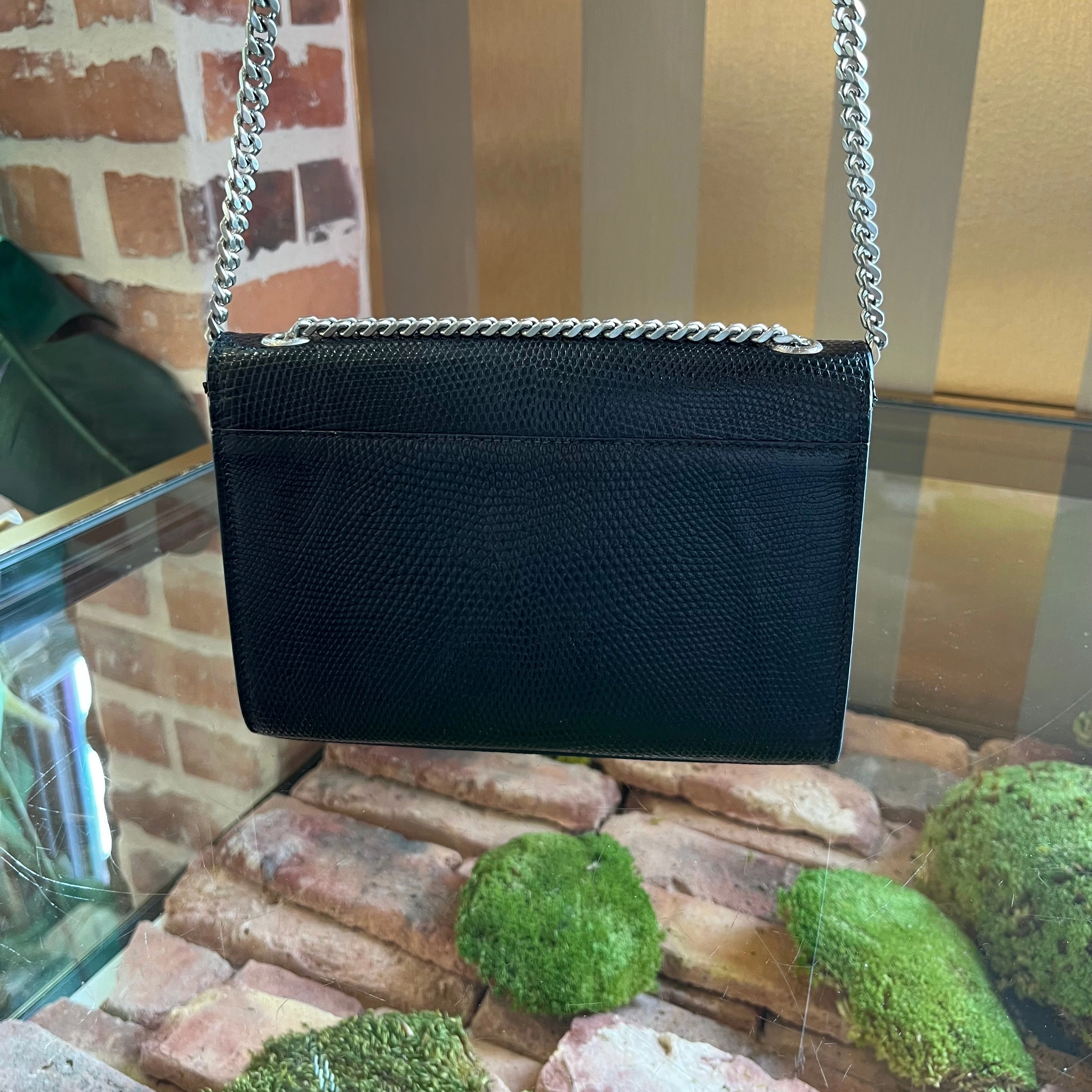 SAINT LAURENT Kate Black Lizard Skin Embossed Shoulder Bag