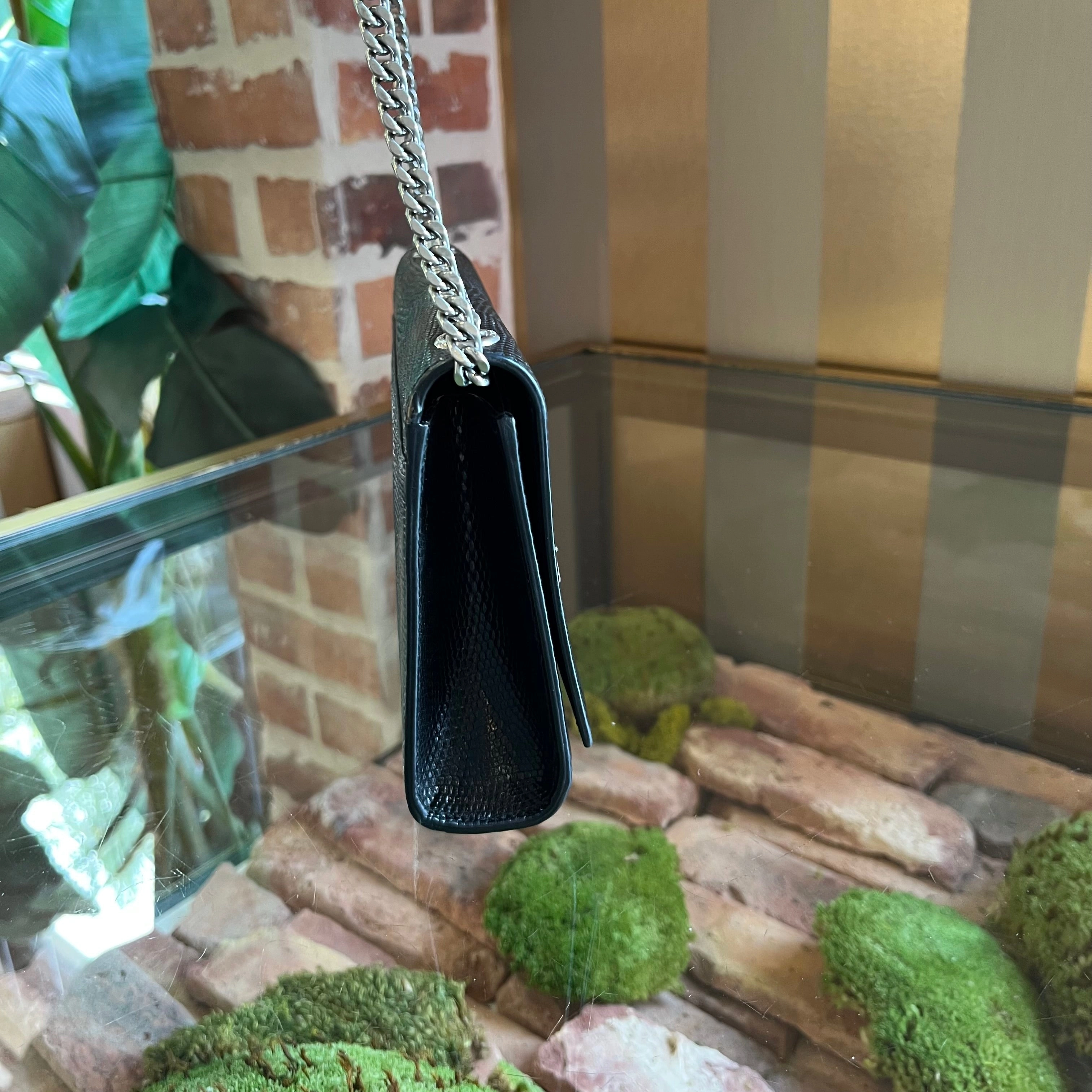 SAINT LAURENT Kate Black Lizard Skin Embossed Shoulder Bag