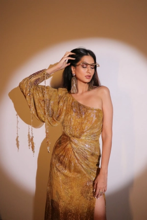 Sukhneet Wadhwa Gujral in One Off Shoulder Lurex Printed Dress with Hand embroidered Cuff and attached tassels  |Anicenne