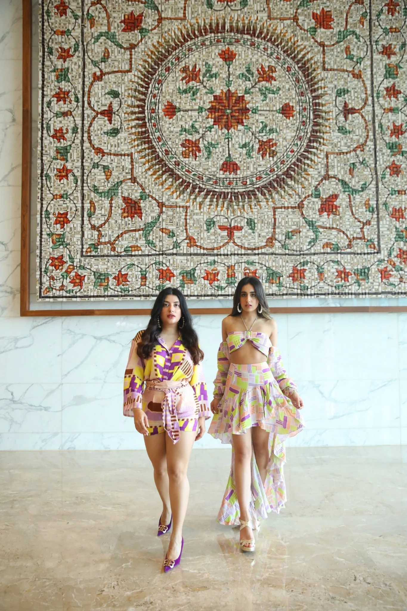 Tanya Tuli in Geometric Printed Bralet with Buckle and Hand Embroidery Paired with Asymmetrical Skirt with ruffles from Magical Wilderness Collection