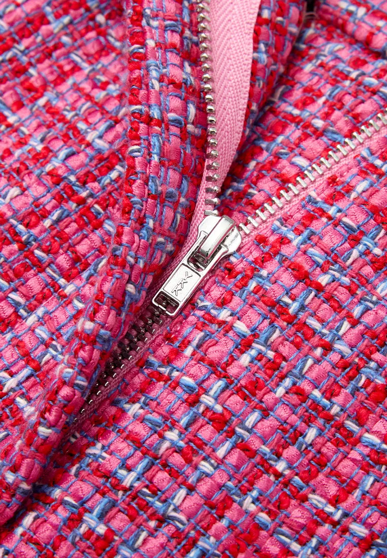 Three-quarter Fuchsia Checked Mix-tweed Wide-leg Trousers