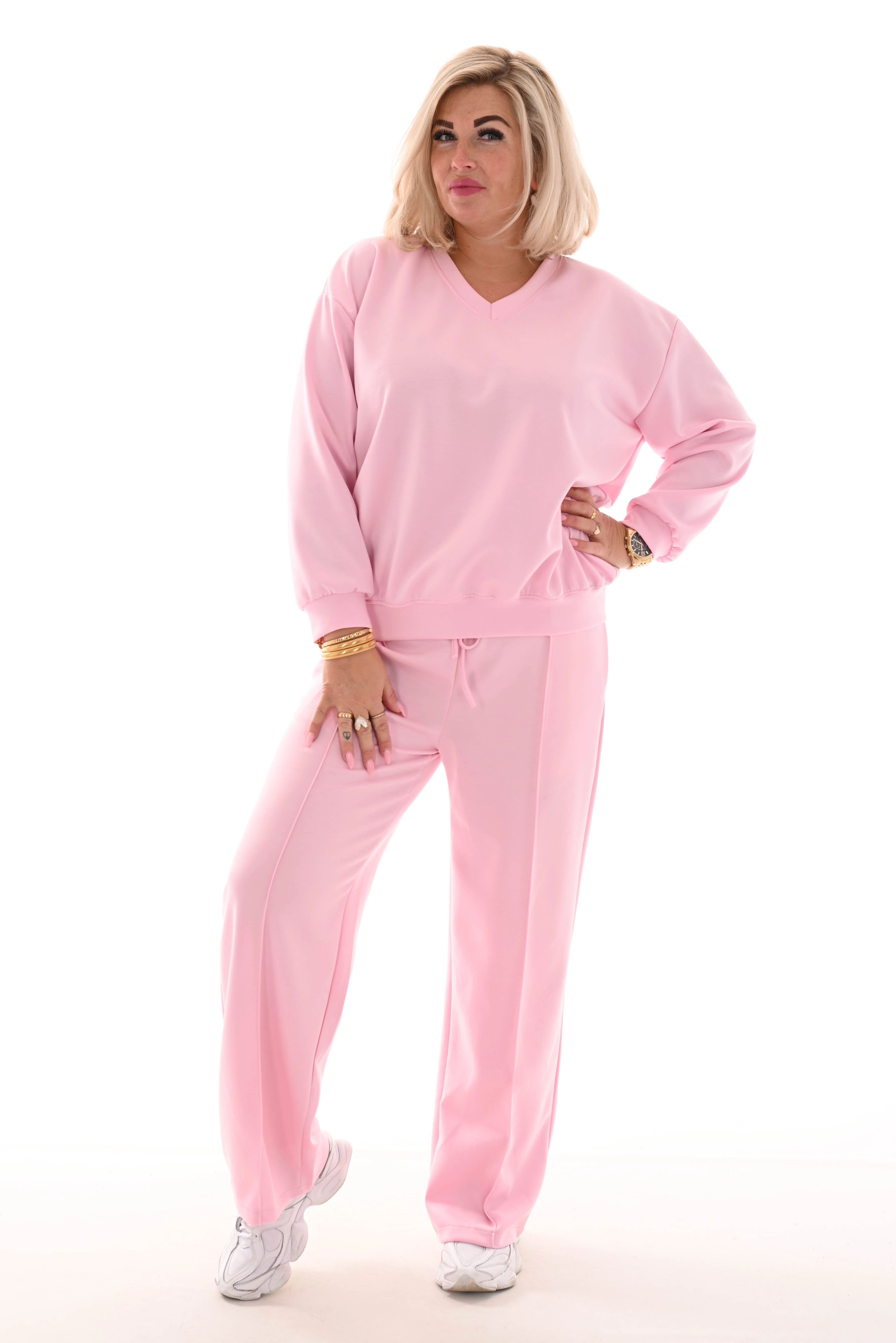 Tweedelig comfy pak v-hals lichtroze