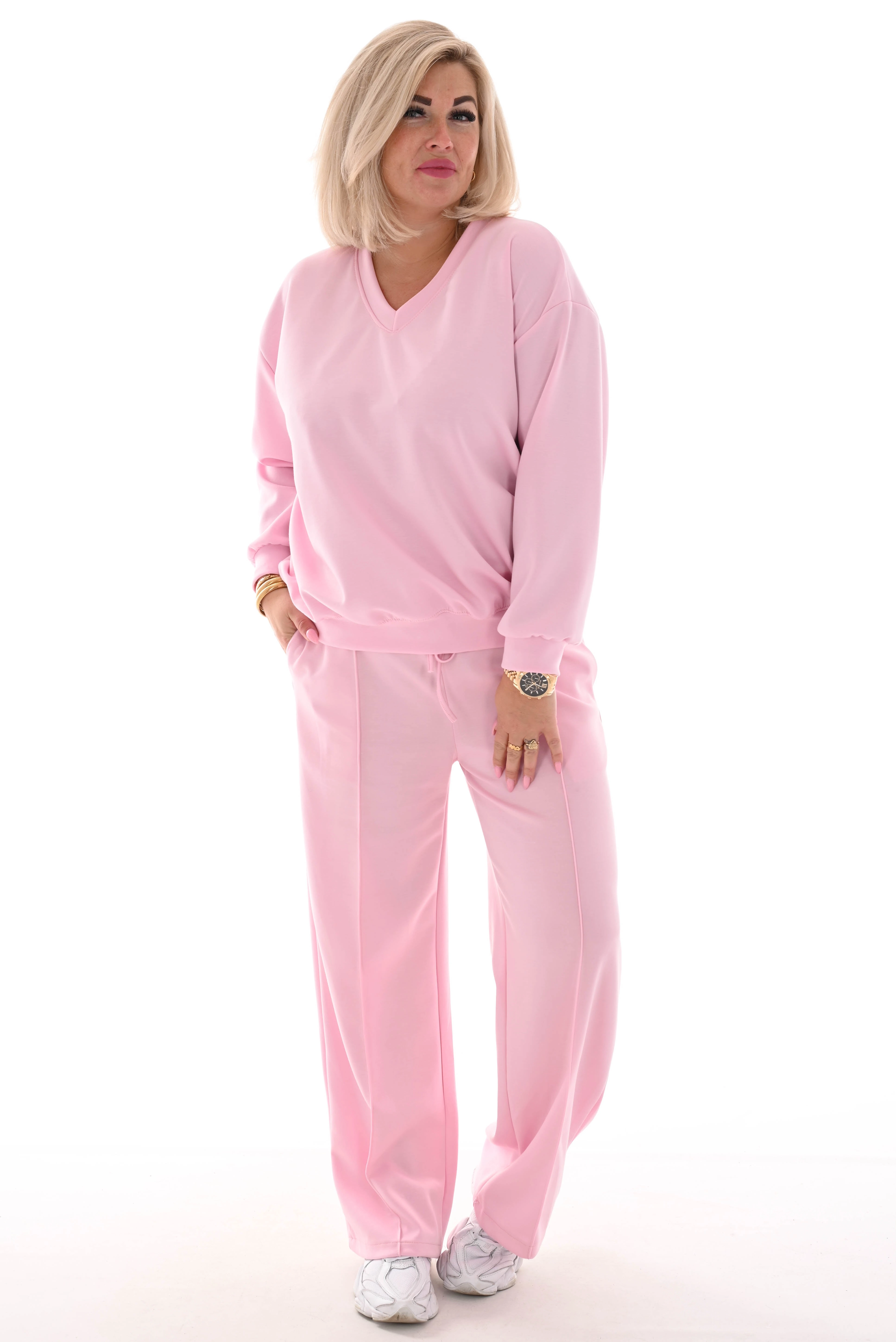 Tweedelig comfy pak v-hals lichtroze