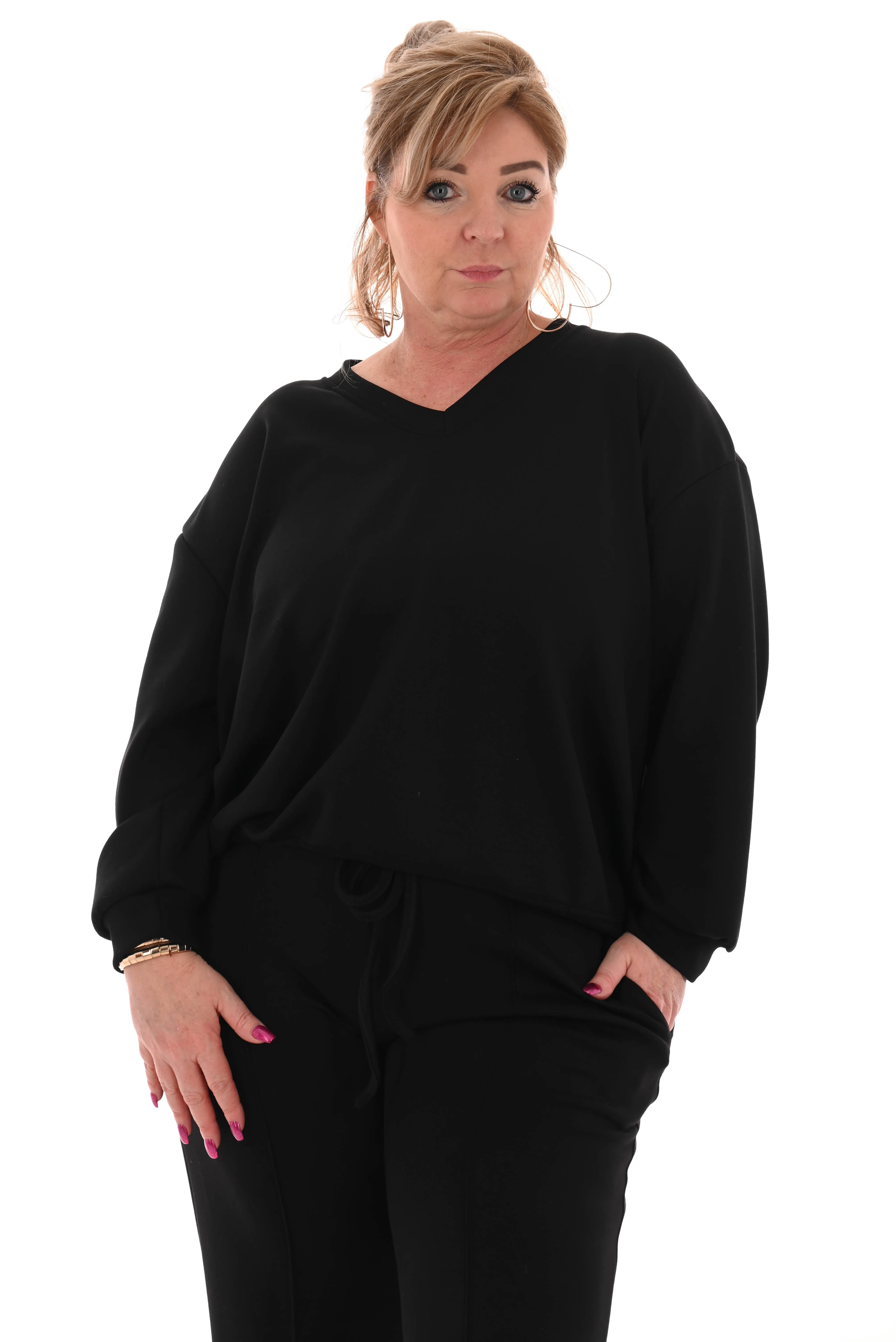 Tweedelig comfy pak v-hals zwart