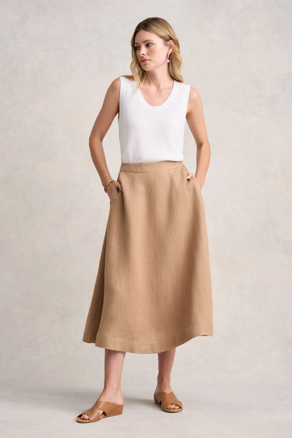 Twill Linen Midi Skirt - Camel Twill