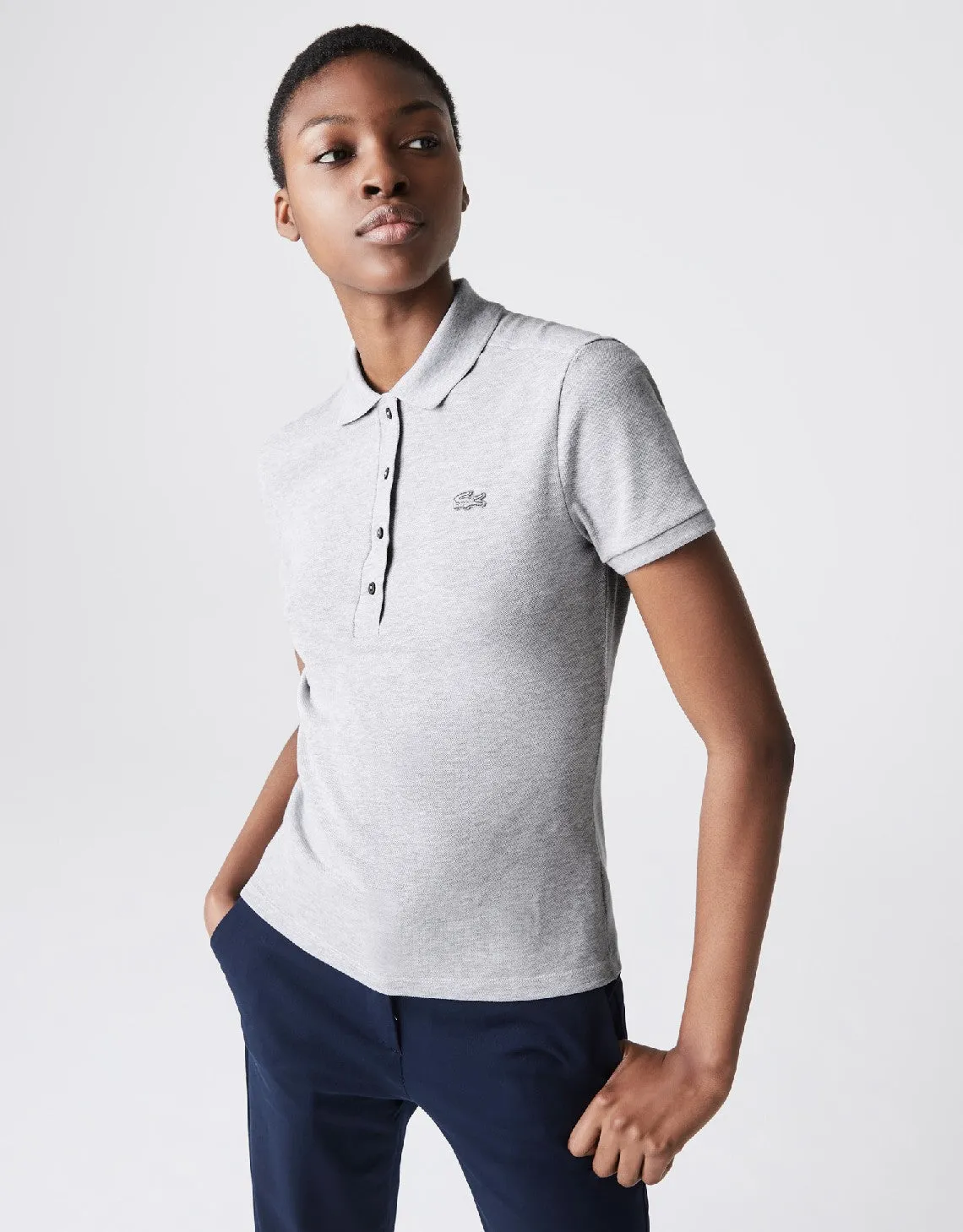 Women's Slim Fit Stretch Cotton Piqué Polo Silver Chine